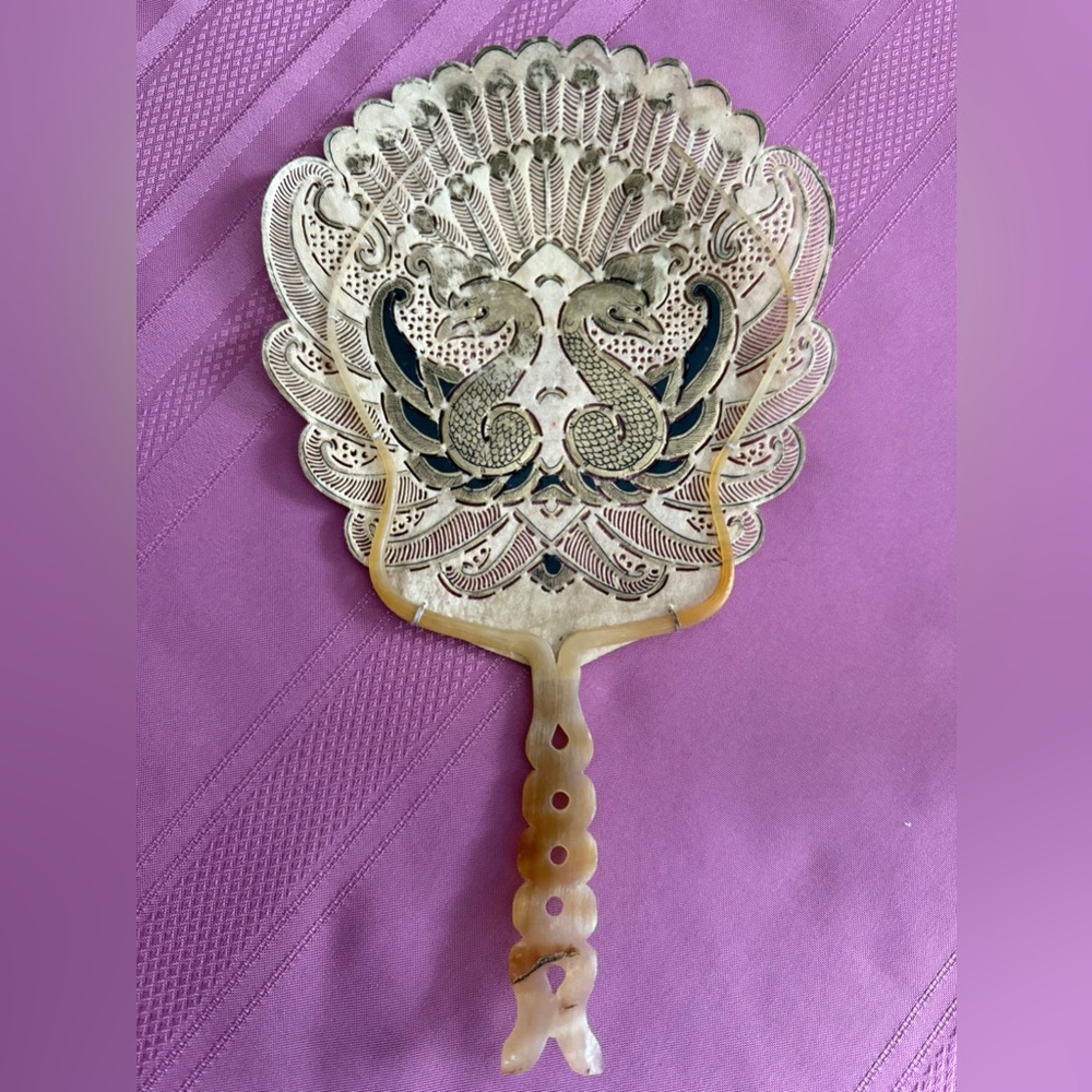Vintage Hand held Indonesian wayang (shadow) fan featuring peacock motif